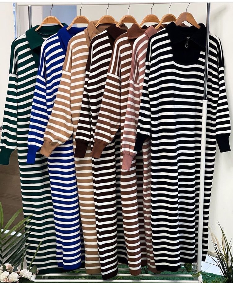 Pudra Renkli Çizgili Kadın Triko Elbise - Görsel 2