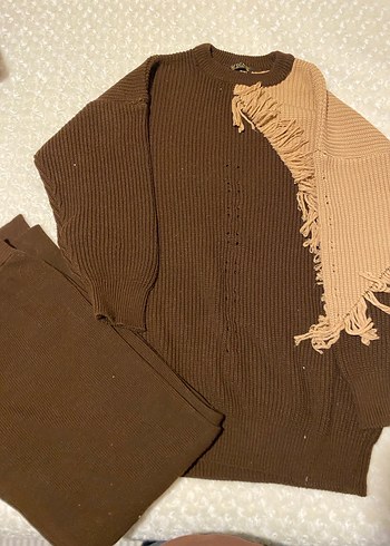 Bohem Tarz Uzun Kollu Kahverengi Örgü Kazak ve pantolon takım - Görsel 4