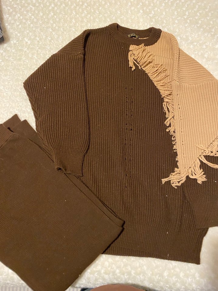 Bohem Tarz Uzun Kollu Kahverengi Örgü Kazak ve pantolon takım - Görsel 4