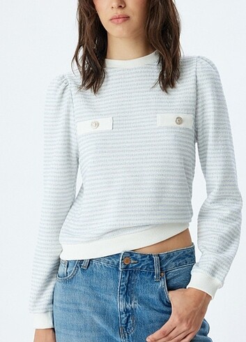 Koton Düğmeli Çizgili Tüvit Sweatshirt