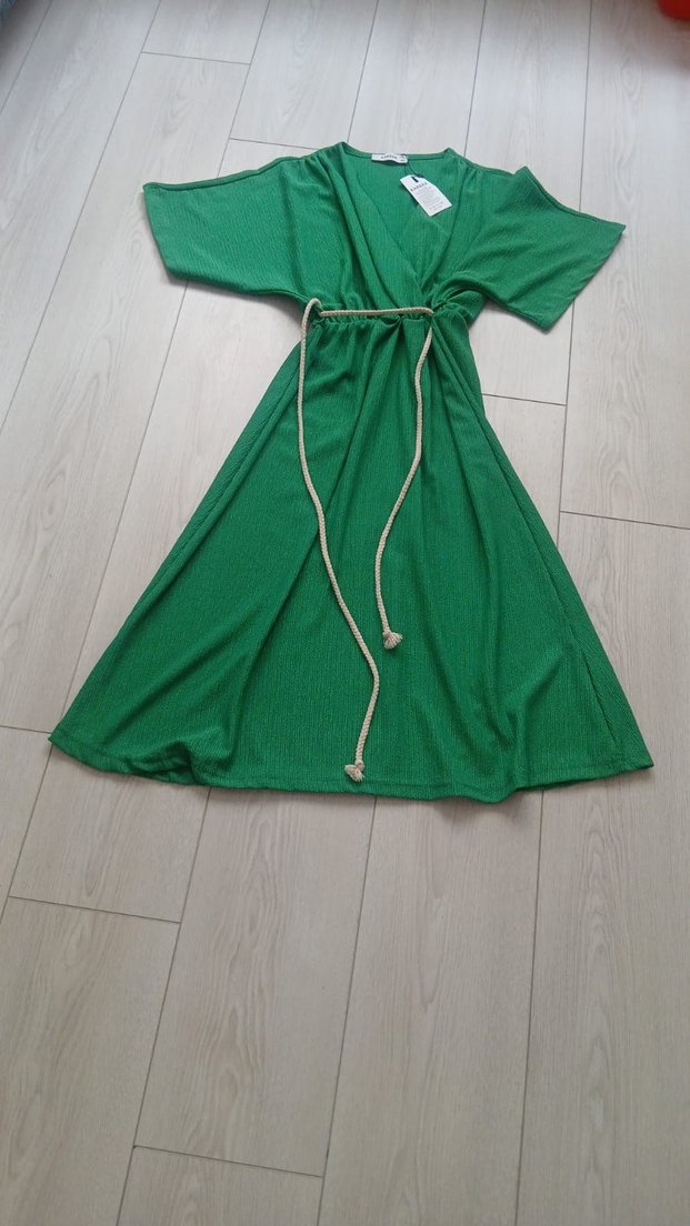 Yeşil Bohem V Yaka Uzun Elbise - Görsel 2