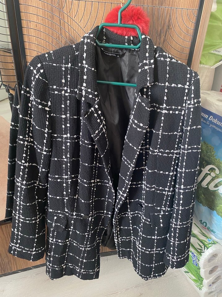 Düğmeli Siyah Kareli Kadın Blazer Ceket - Görsel 2