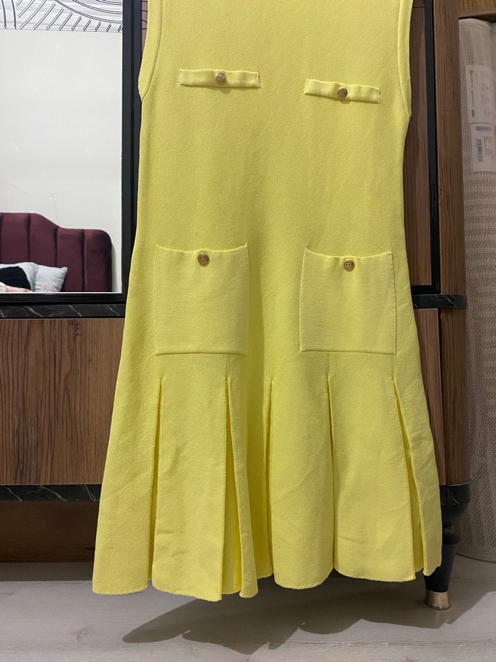 Sarı Kolsuz Mini Triko Elbise - Görsel 2