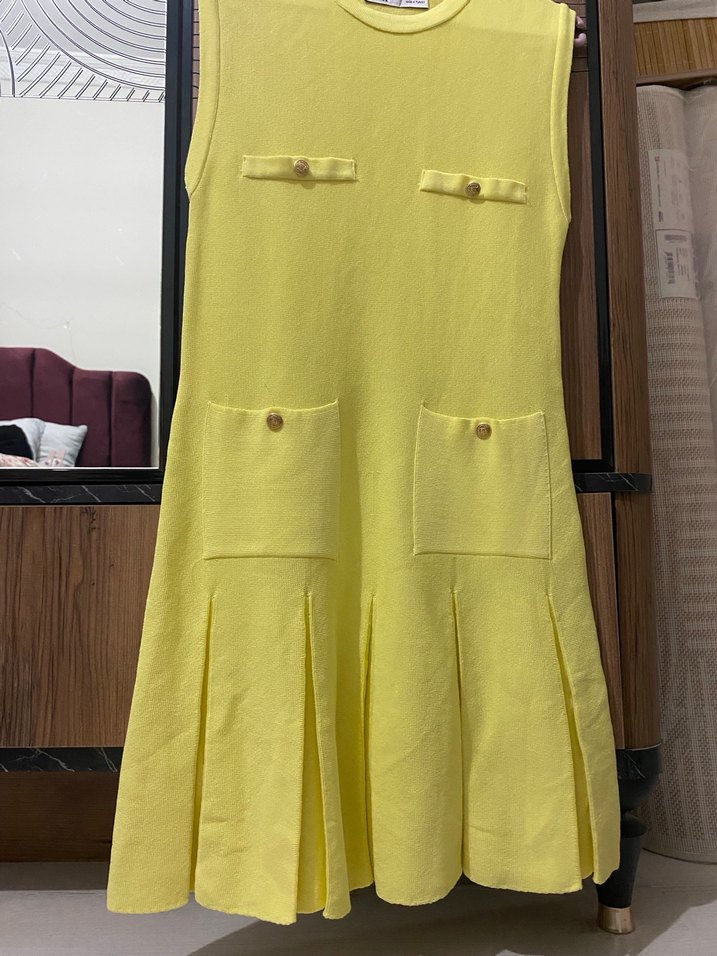 Sarı Kolsuz Mini Triko Elbise - Görsel 3