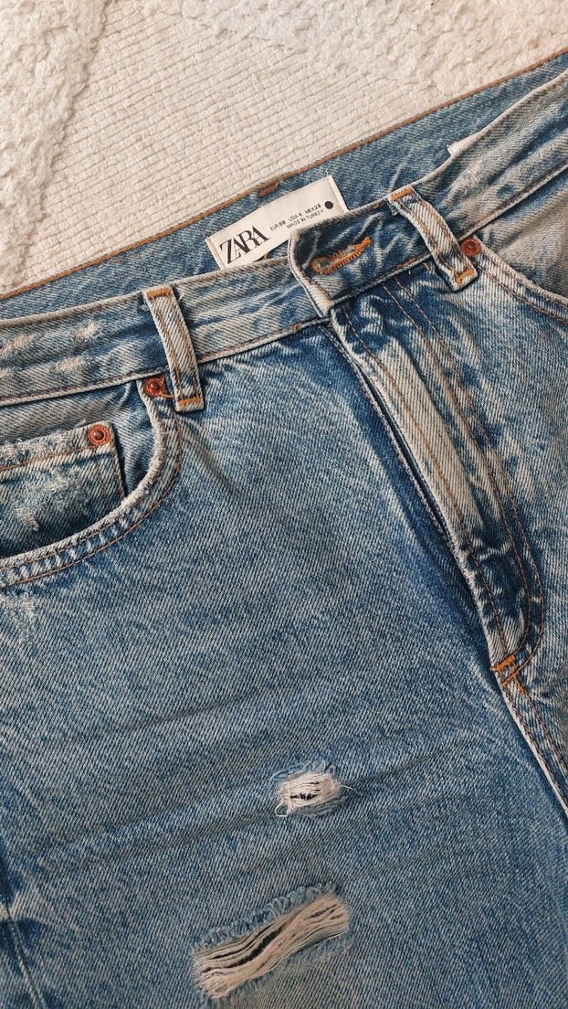 zara Kadın Gri Mavi Yırtık Salaş Kot Pantolon - Görsel 3