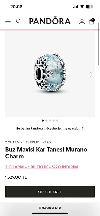 Pandora Buz Mavisi Kar Tanesi Murano Charm