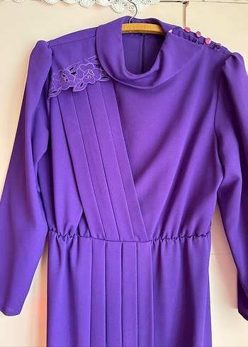 Mor Uzun Kol Drapeli Kadın Elbise vintage elbise - Görsel 2