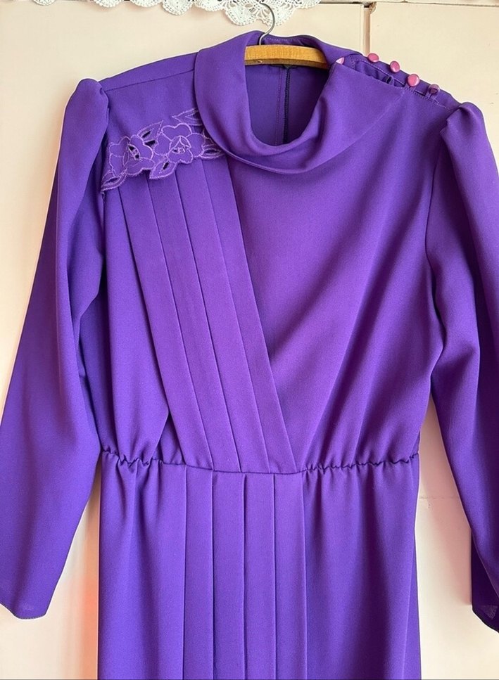 Mor Uzun Kol Drapeli Kadın Elbise vintage elbise - Görsel 2