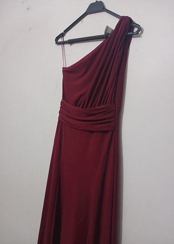 Zara Bordo Drapeli Tek Omuz Uzun Abiye Elbise