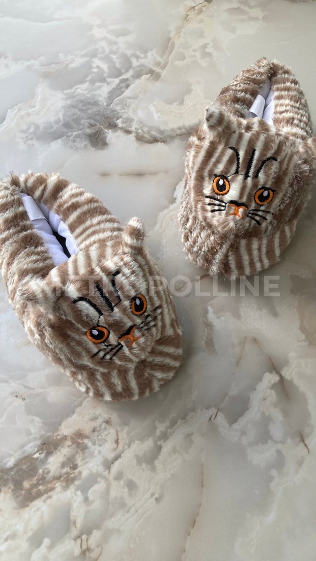 Kedi Figürlü Panduf - Kahverengi - Görsel 3