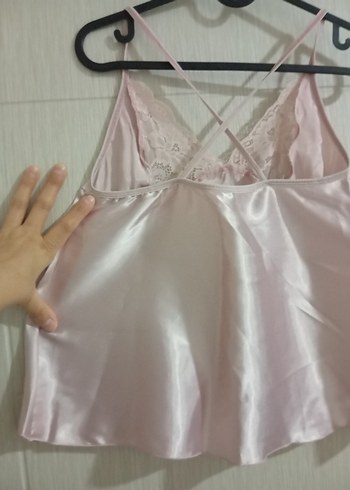 Pembe Dantel Detaylı İp Askılı Midi Gecelik - Görsel 2