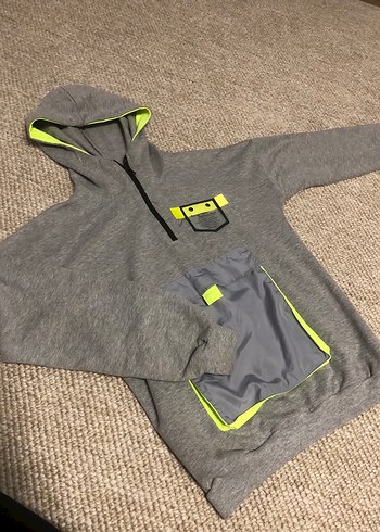 Erkek Gri Kapüşonlu Fermuarlı takım Sweatshirt - Görsel 2