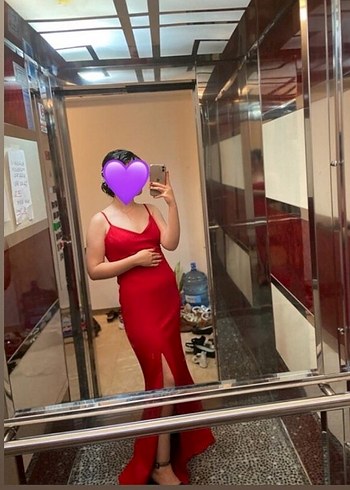 Kırmızı Parlak V Yaka Uzun Abiye Elbise - Görsel 3