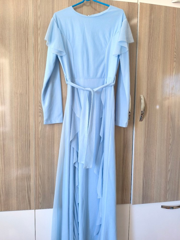 Mavi Uzun Kollu Drapeli Uzun Abiye - Görsel 2