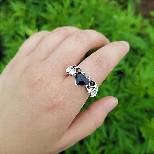 Accessorize gothic kanatlı kalp unisex ayarlanabilir siyah gümüş yüzük