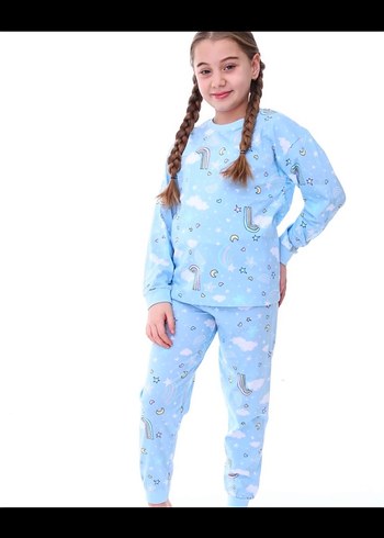 Kız Çocuk Mavi Bulut Desenli Pijama 100% Pamuk