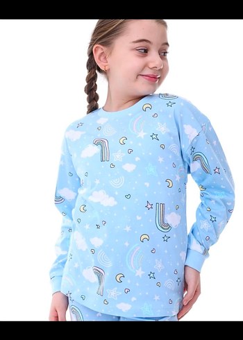 4 Yaş Beden Kız Çocuk Mavi Bulut Desenli Pijama 100% Pamuk