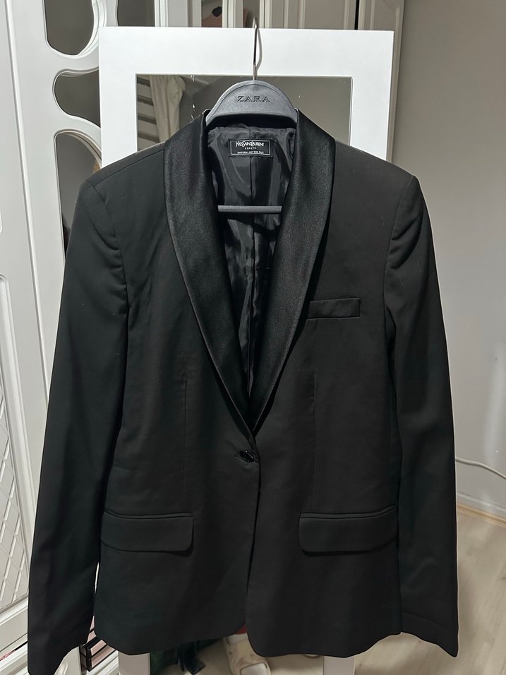 Siyah Notch Yaka Düğmeli Tuxedo Ceket - Görsel 2