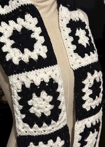 Bohem Örgü Kadın Şal Siyah Beyaz - Görsel 2