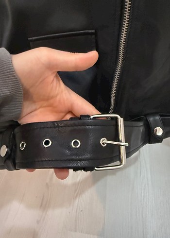 Kadın Siyah Deri Biker Ceket - Görsel 5