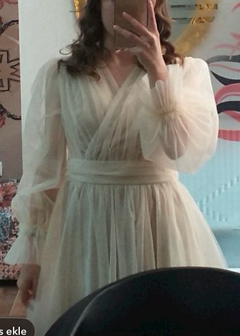 Bej Uzun Kollu Bohem Uzun tüllü Elbise abiye - Görsel 2