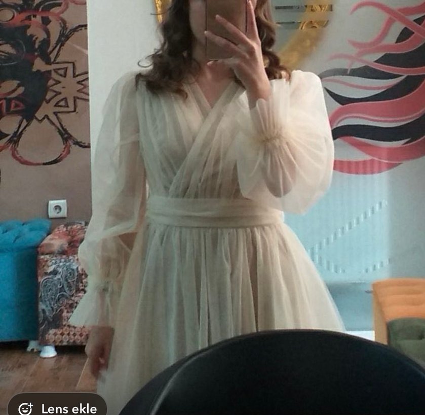 Bej Uzun Kollu Bohem Uzun tüllü Elbise abiye - Görsel 2