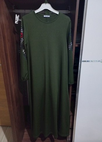 Nakışlı Kemerli Haki Uzun Elbise - Görsel 11