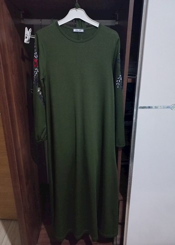 Nakışlı Kemerli Haki Uzun Elbise - Görsel 9