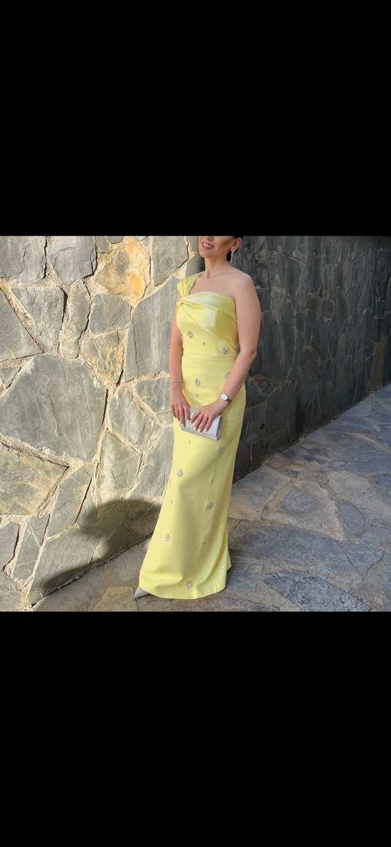Sarı Drapeli Straplez Uzun Abiye Elbise - Görsel 2