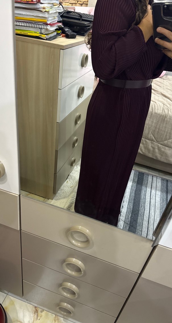 Uzun Kollu bordo Midi Elbise - Görsel 4