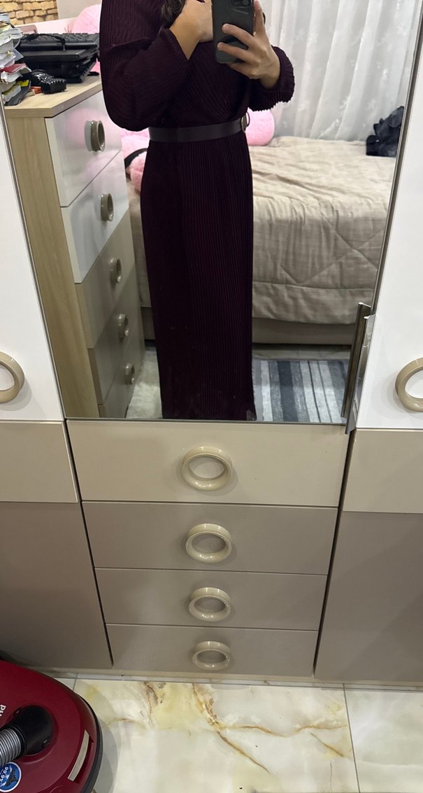 Uzun Kollu bordo Midi Elbise - Görsel 3