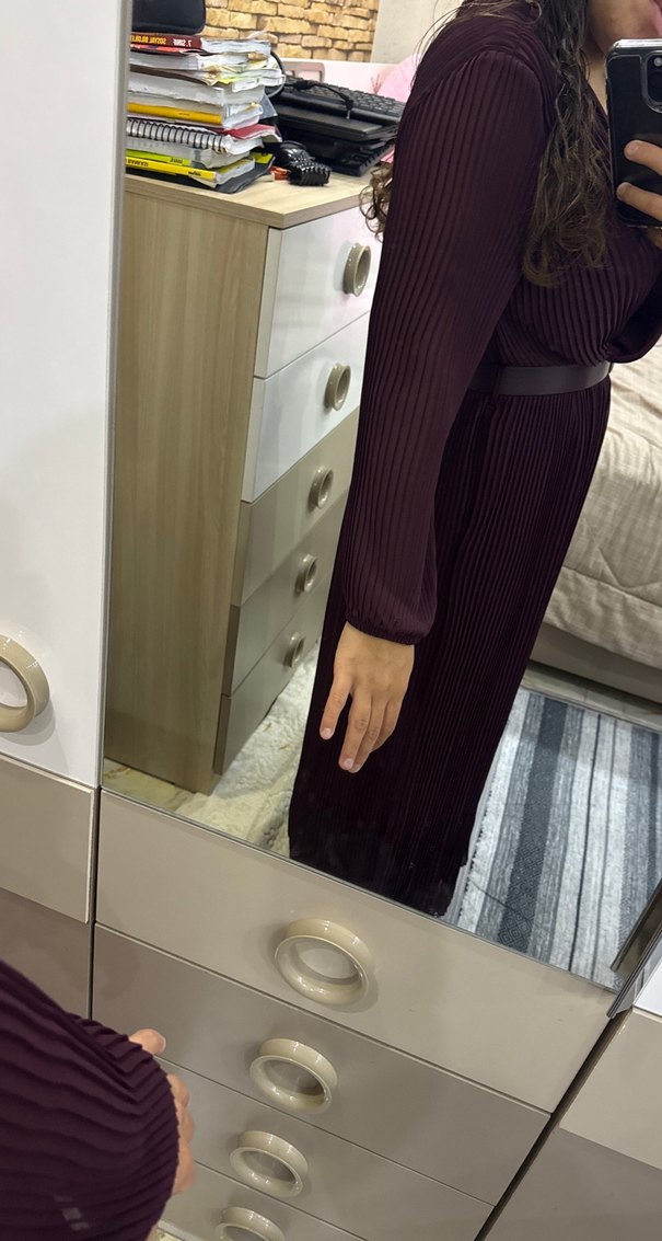 Uzun Kollu bordo Midi Elbise - Görsel 5