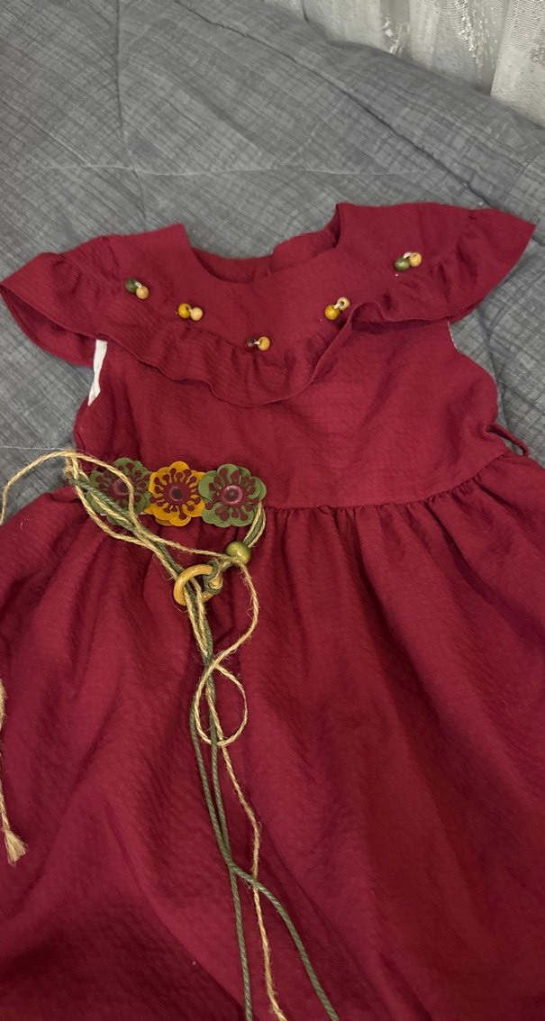 Bordo Nakışlı Kız Çocuk Elbise - Görsel 4