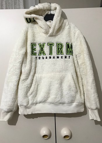 Defacto Kapüşonlu Beyaz Peluş Sweatshirt
