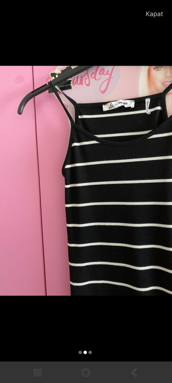 Siyah Çizgili Uzun İnce Askılı Elbise - Görsel 2