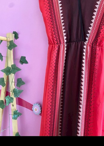 Kırmızı Bohem V Yakalı Uzun Elbise - Görsel 2