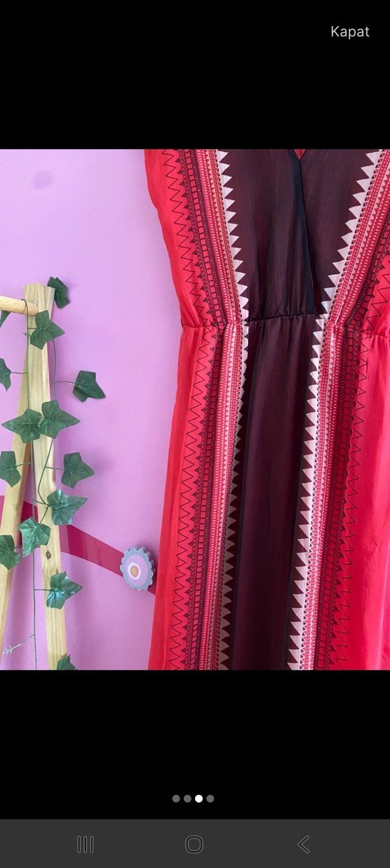 Kırmızı Bohem V Yakalı Uzun Elbise - Görsel 2