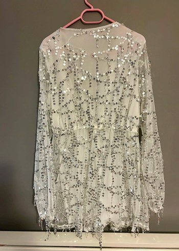 Uzun Kollu Beyaz Payetli Bohem Abiye Elbise - Görsel 4