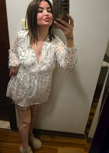 Uzun Kollu Beyaz Payetli Bohem Abiye Elbise - Görsel 9