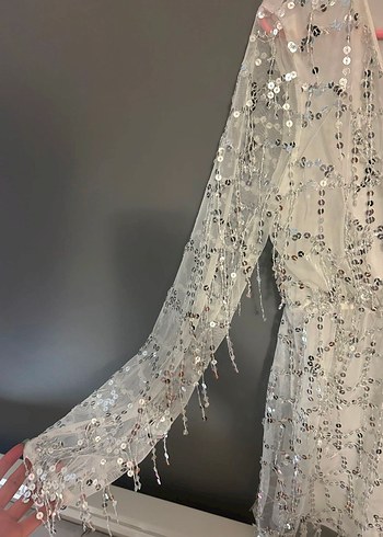 Uzun Kollu Beyaz Payetli Bohem Abiye Elbise - Görsel 3