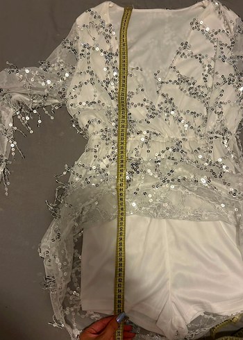 Uzun Kollu Beyaz Payetli Bohem Abiye Elbise - Görsel 8