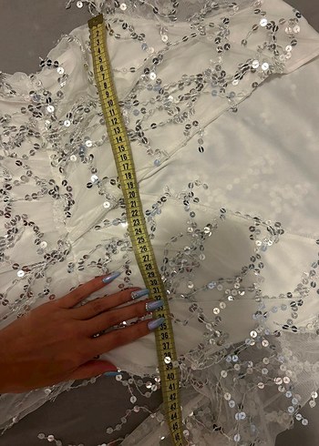 Uzun Kollu Beyaz Payetli Bohem Abiye Elbise - Görsel 7