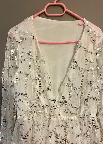 Uzun Kollu Beyaz Payetli Bohem Abiye Elbise - Görsel 2