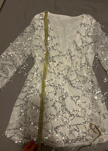 Uzun Kollu Beyaz Payetli Bohem Abiye Elbise - Görsel 5