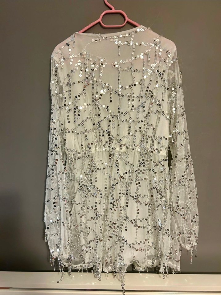 Uzun Kollu Beyaz Payetli Bohem Abiye Elbise - Görsel 4