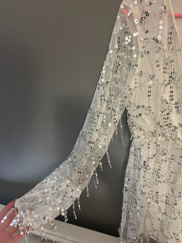 Uzun Kollu Beyaz Payetli Bohem Abiye Elbise - Görsel 3