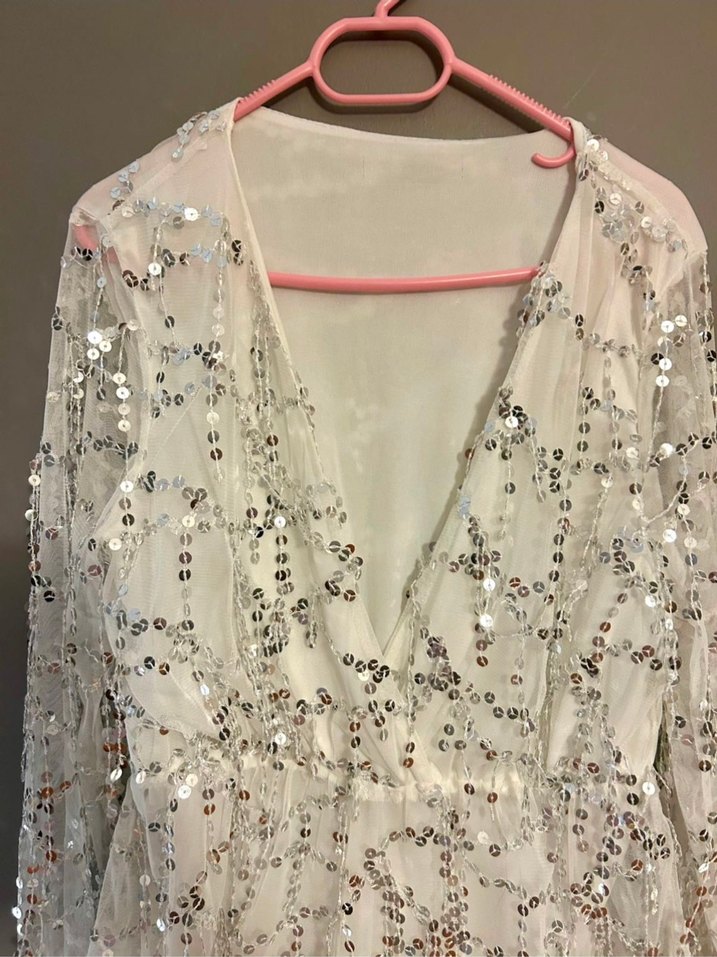 Uzun Kollu Beyaz Payetli Bohem Abiye Elbise - Görsel 2