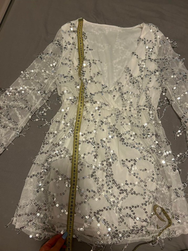 Uzun Kollu Beyaz Payetli Bohem Abiye Elbise - Görsel 5