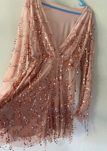 Pembe Uzun Kollu Payetli V Yaka Elbise - Görsel 3