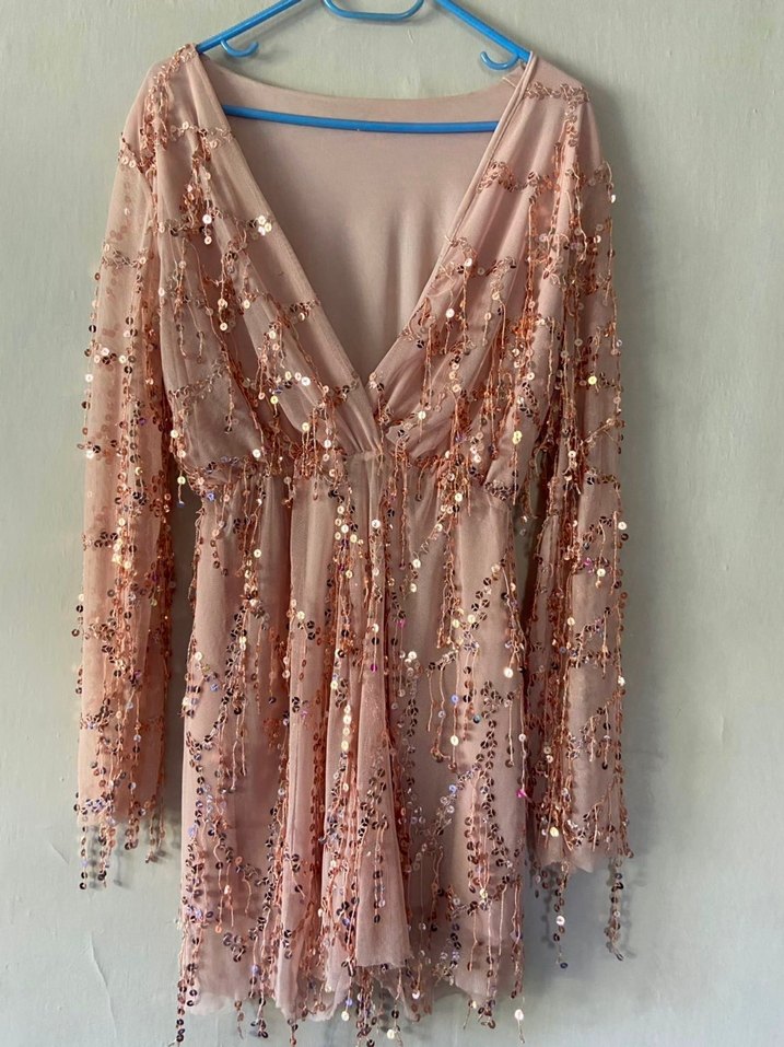 Pembe Uzun Kollu Payetli V Yaka Elbise - Görsel 2